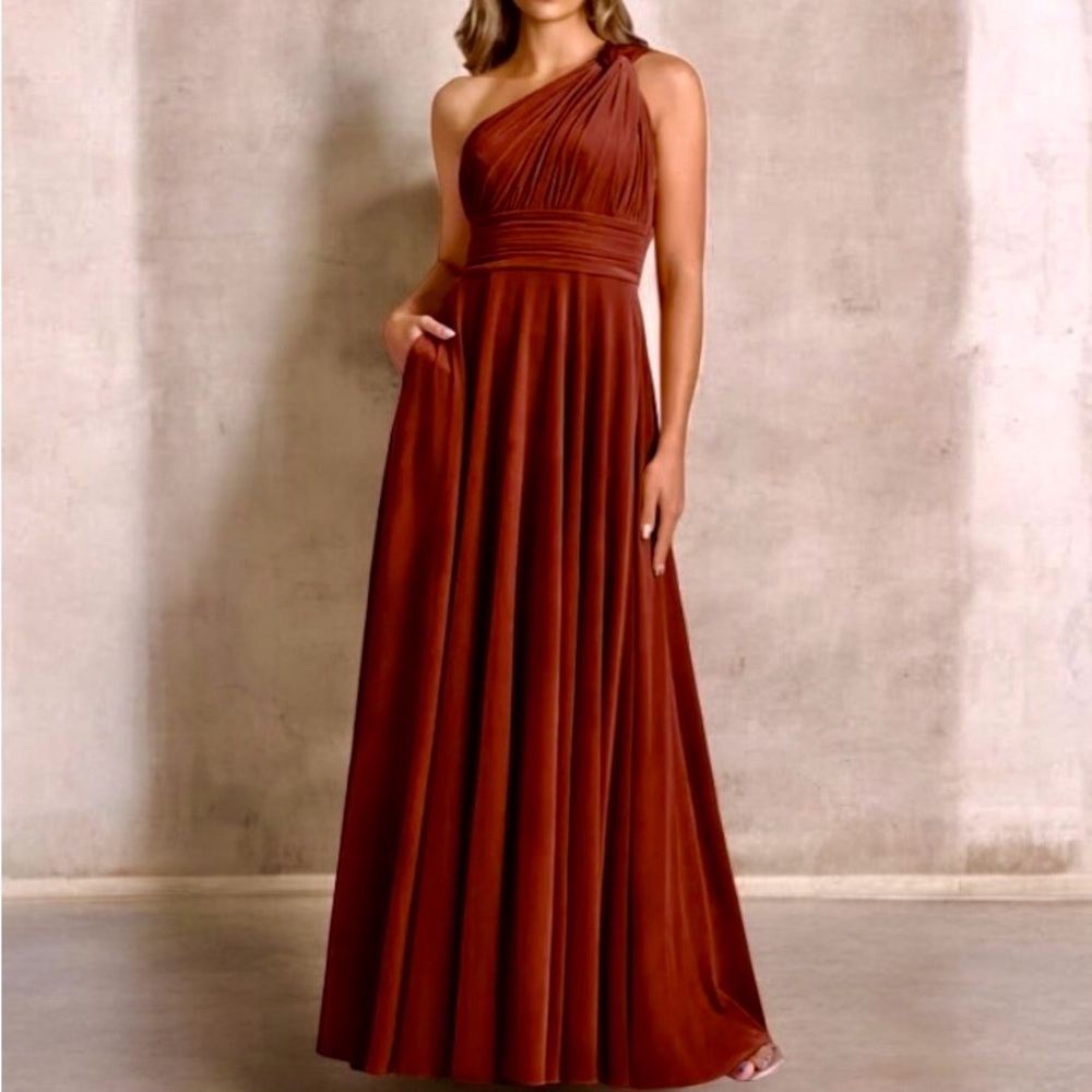 AZAZIE, 12S, Charlize, Terracotta Color, A-Line One Shoulder, Velvet Dress - EUC
